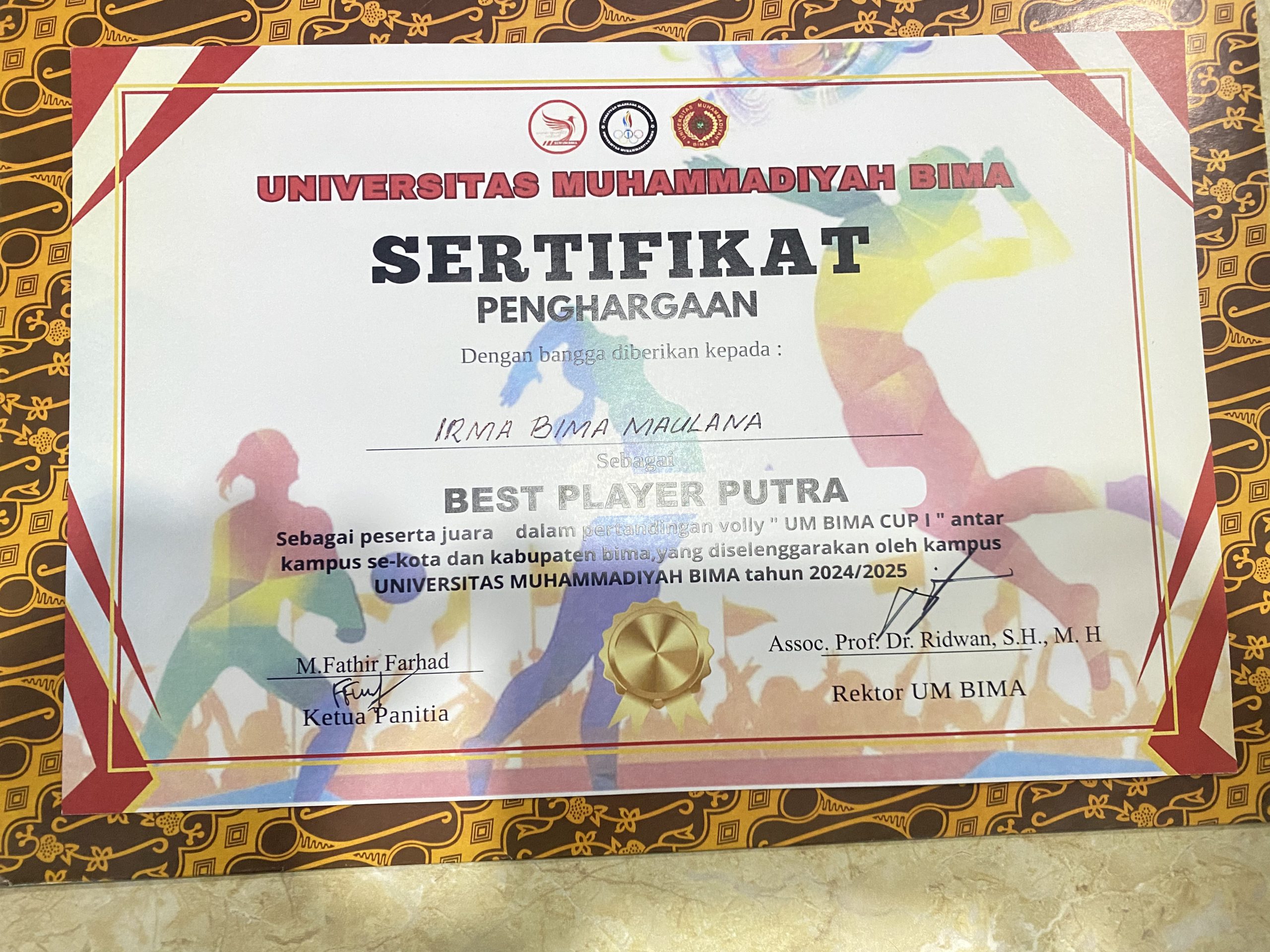 Sertifikat Prestasi Irma Bima Maulana